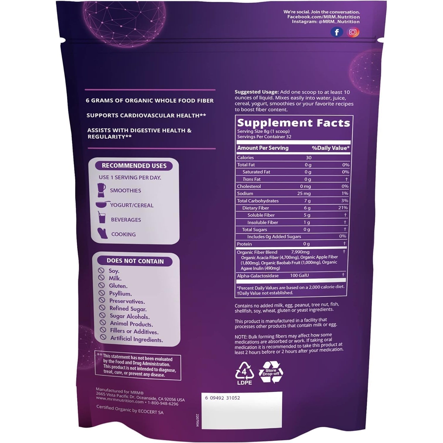 MRM Whole Food Organic Fiber with Enzymes & Prebiotics - Organic High Fiber Powder Supplement for Daily Digestive Support, Soluble & Insoluble Dietary Fiber, Prebiotic Blend, 6 G Fiber - 32 Servings