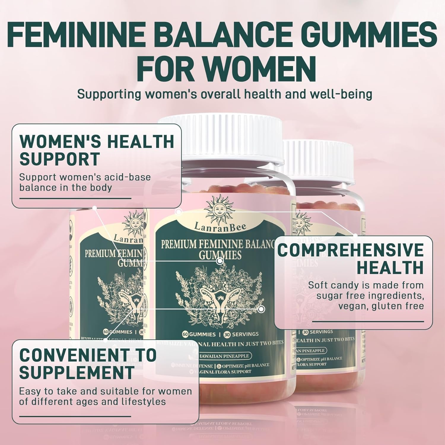 Premium Feminine Balance Gummies Vaginal Probiotic - for Women’S Ph Balanced Health & Wellness - Immune Support - Vegan, Gluten-Free & Halal - Hawaiian Pineapple - 60 Gummies - 30 Servings (1)