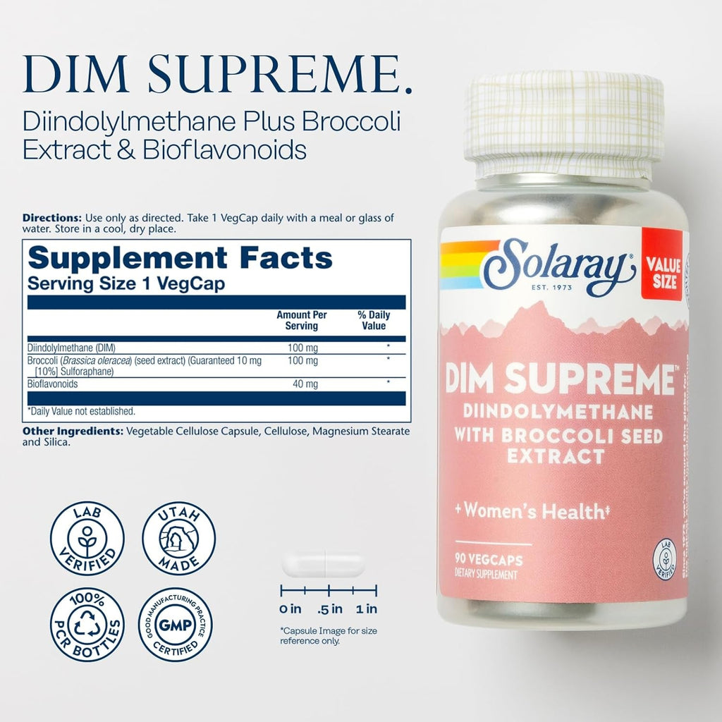SOLARAY DIM Supreme - DIM Supplement 100Mg - Diindolylmethane DIM Complex with Broccoli Seed Extract and Bioflavonoids - Women'S Health and Balance Support - 60-Day Guarantee - 90 Servings, 90 Vegcaps