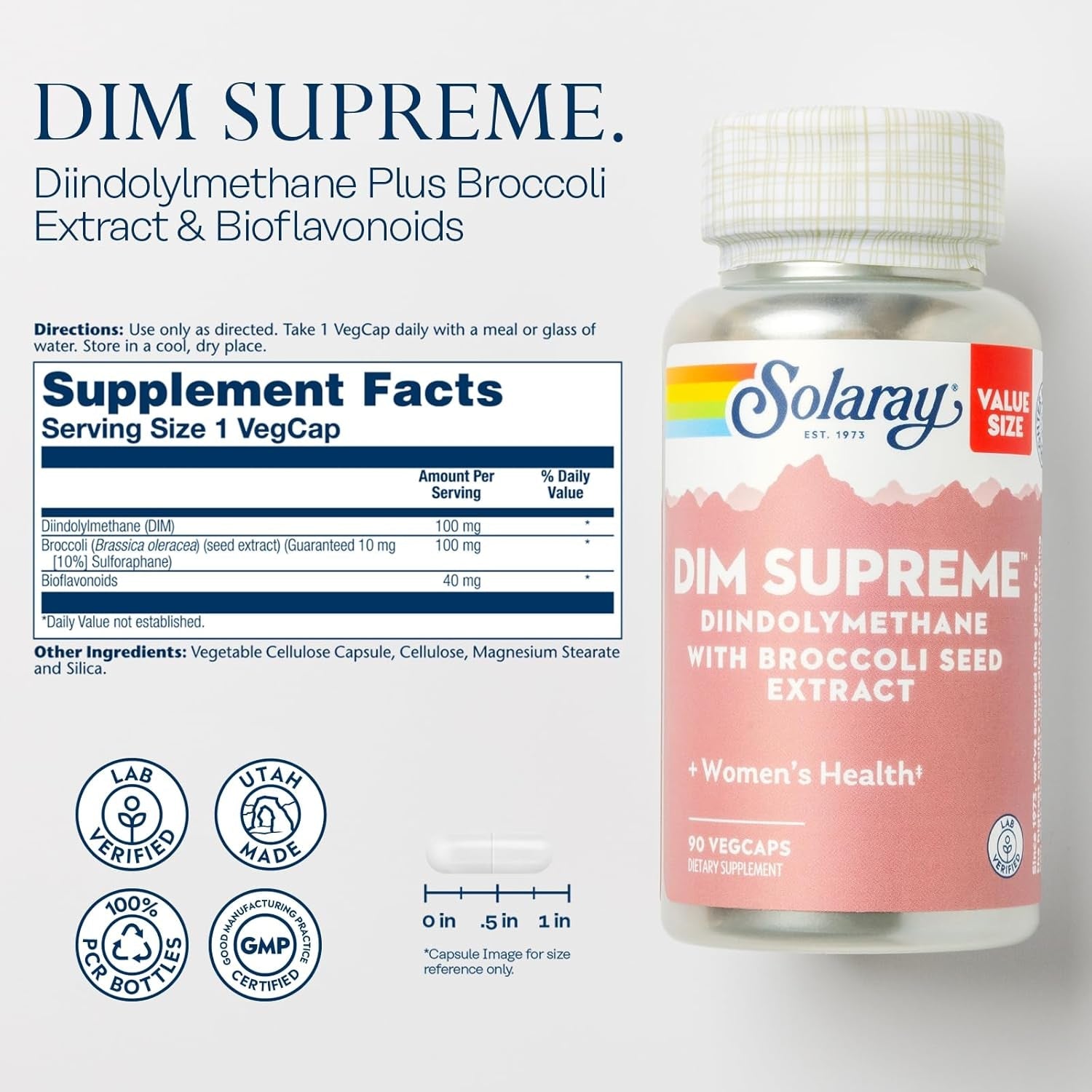 SOLARAY DIM Supreme - DIM Supplement 100Mg - Diindolylmethane DIM Complex with Broccoli Seed Extract and Bioflavonoids - Women'S Health and Balance Support - 60-Day Guarantee - 90 Servings, 90 Vegcaps