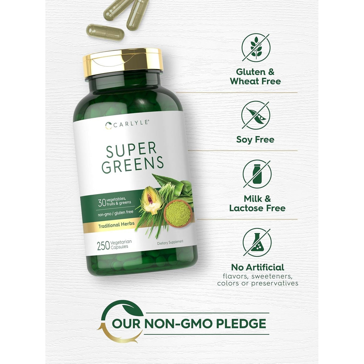 Carlyle Super Greens Capsules | 250 Count | Blend of 13 Vegetables and Greens plus 17 Fruits | Non-Gmo & Gluten Free Supplement