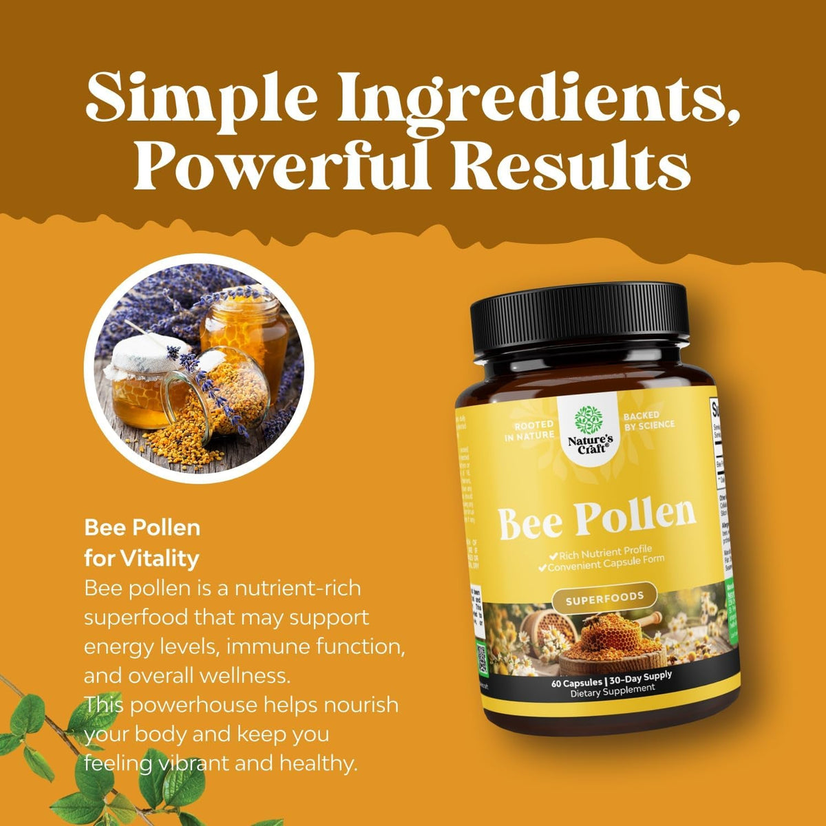 Bee Pollen Pills for Breast Growth 60 Ct - Bee Pollen Supplement 1000Mg Serving with Naturally Occurring B Vitamins Minerals & Enzymes - Breast Support Supplement - Vegetarian Non-Gmo & Gluten Free