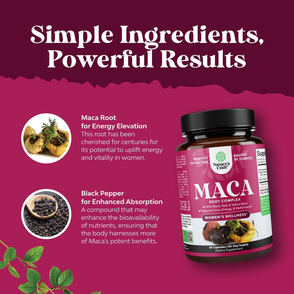 Maca Root Capsules for Women - Potent Herbal Supplement with Female Enhancing Blend of Red Yellow & Black Maca Root - Non-Gmo Certified Vegan and Gluten-Free with No Artificial Colors - 60 Count