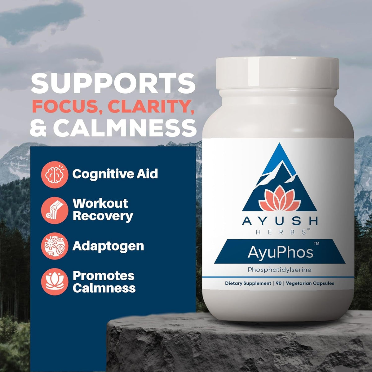 Ayush Herbs Ayuphos - Phosphatidylserine Supplement for Men & Women, Soy-Free Phosphatidyl Serine, Brain, Memory, & Cognitive Support for Adults, 200Mg per Pill - 45 Servings