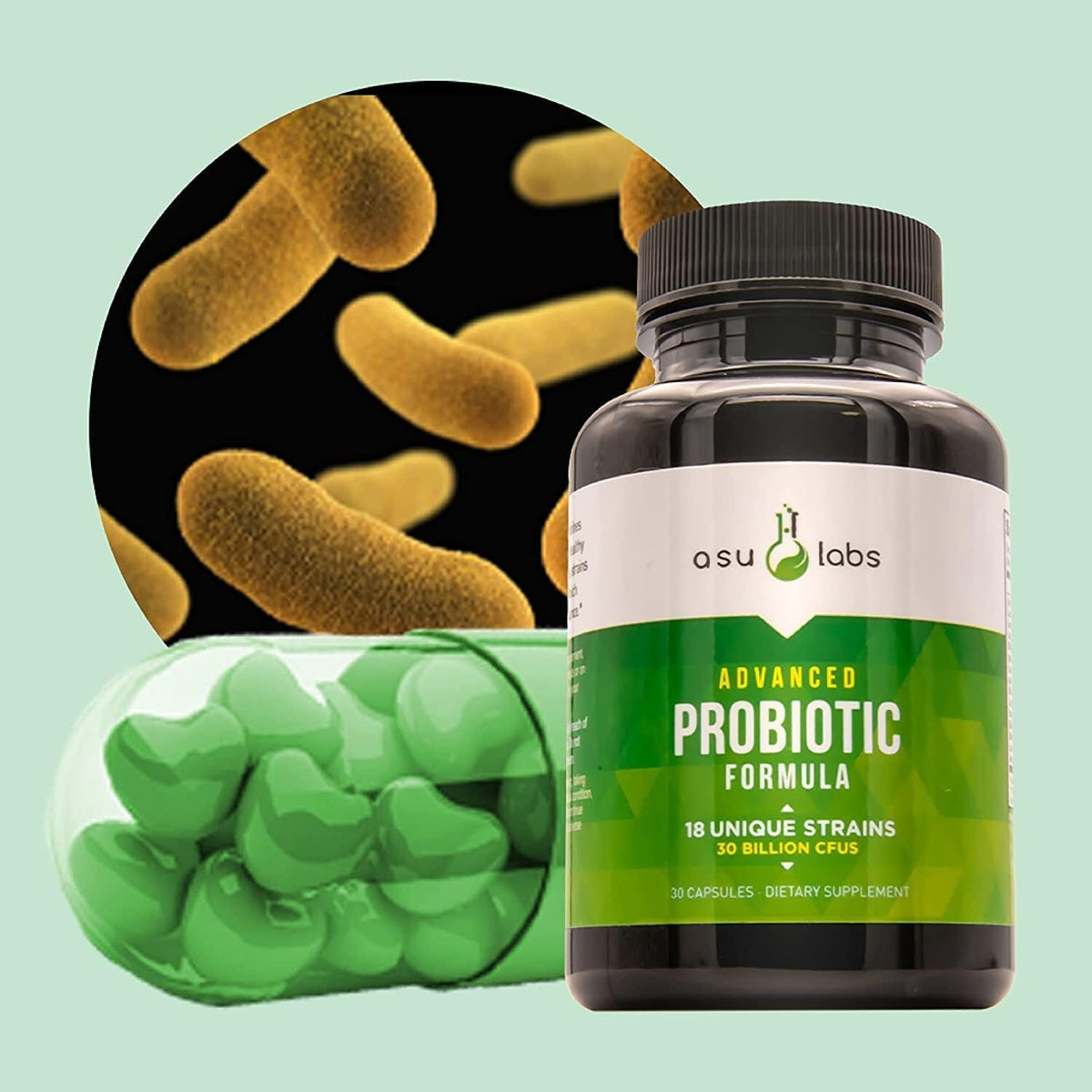 ASULABS® Formula Probiotica Avanzada Con 18 Cepas Probioticas Clinicamente Seleccionadas Para Ayudar a Eliminar Los Malestares Digestivos. Para Hombres Y Mujeres. Capsulas Vegetarianas.
