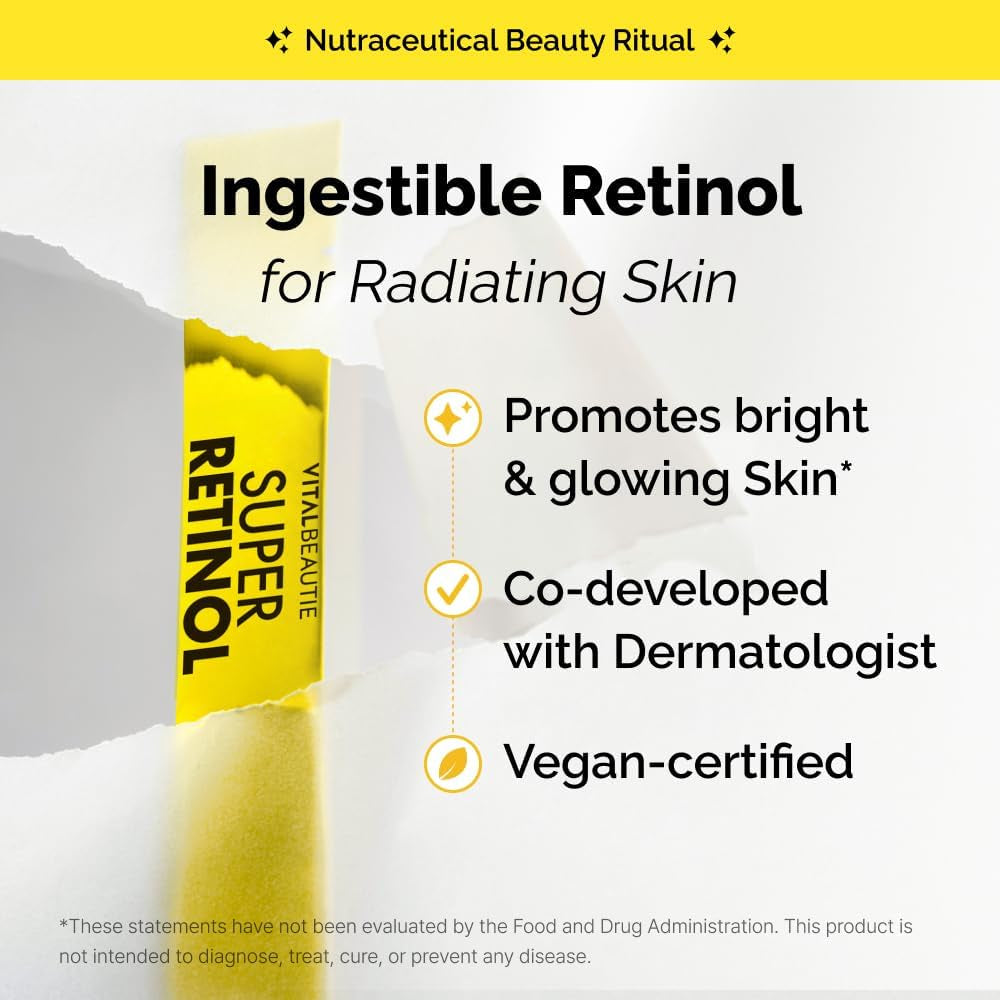 VITALBEAUTIE Super Retinol - Ingestible Liposomal Retinol & Vitamin C 1000Mg Powder - Vegan K-Beauty Skin Supplement for Radiant Glass Skin & Tone, Dark Spot Care, 30 Packets