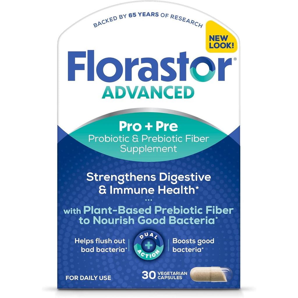 Florastor Advanced Pro+Pre Daily Probiotic and Prebiotic Supplement for Women and Men, Boosts Good Bacteria, Saccharomyces Boulardii CNCM I-745 (30 Capsules) (Pack of 1)