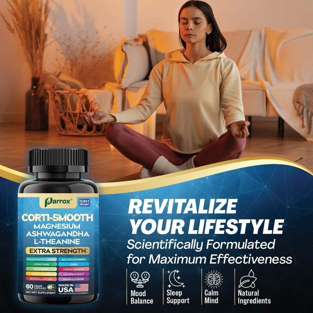 Corti-Smooth Cortisol Supplement Magnesium, L-Theanine, Ashwagandha, Phosphatidylserine, Valerian Root, Lions Mane, Bacopa Monnieri, Ginkgo Biloba, Panax Ginseng, Magnolia Bark, GABA (60 Caps)