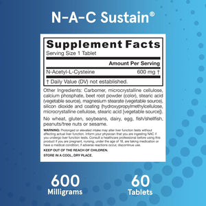 Jarrow Formulas N-A-C Sustain 600 Mg, Dietary Supplement, NAC 600 Mg, an Antioxidant Amino Acid Support for Liver Health, 60 Tablets, 60 Day Supply