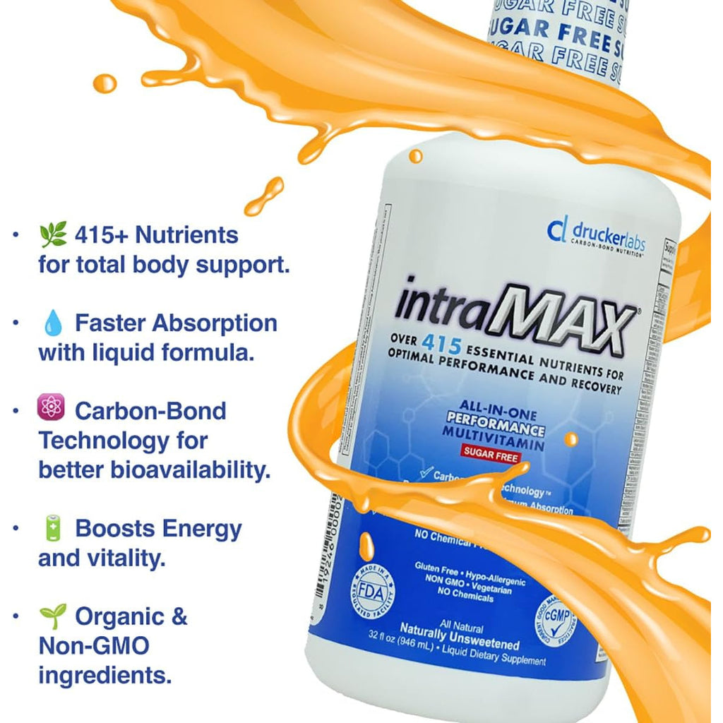 Drucker Labs Organic Sugar-Free All-In-One Performance Liquid Multivitamin for Men & Women | Non-Gmo, Gluten & Dairy Free | with Magnesium, Zinc, Vitamins D, C & E | 32 Oz