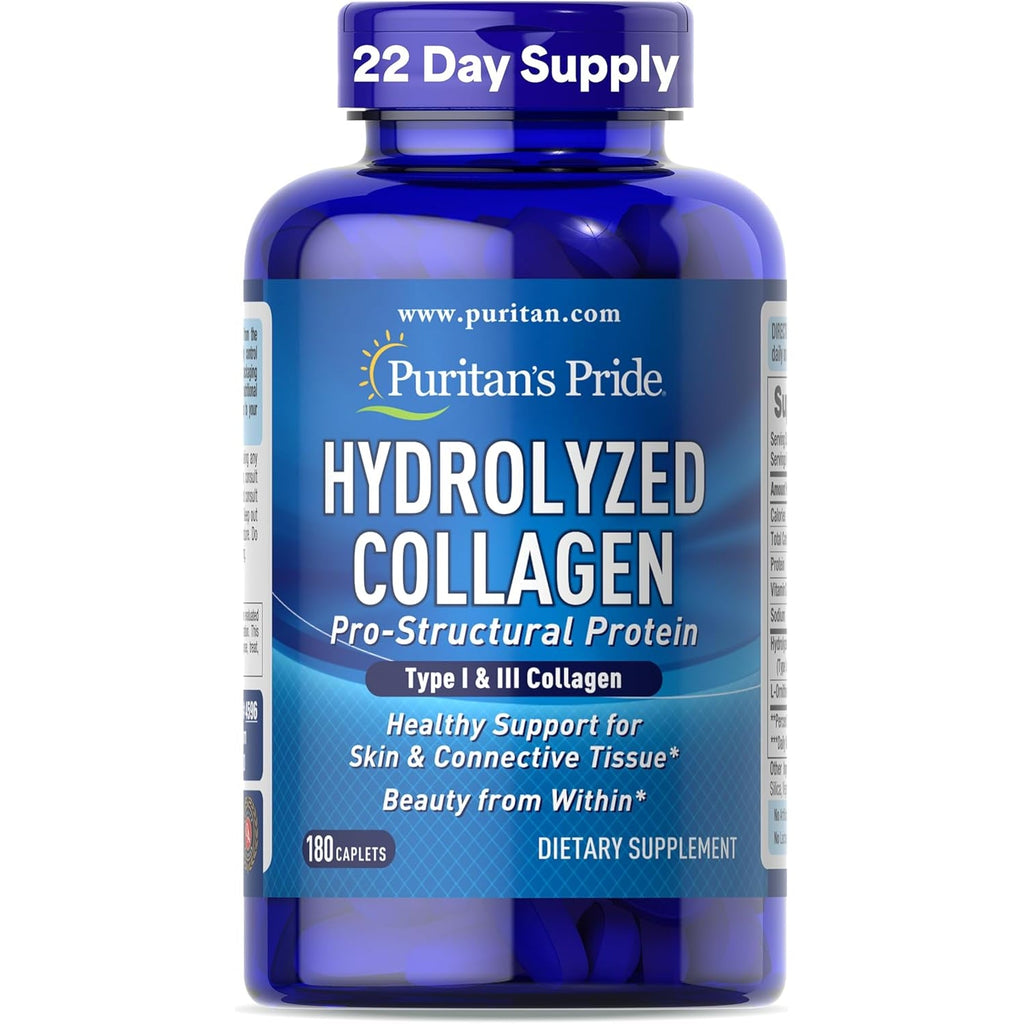 Puritan'S Pride Hydrolyzed Collagen Pro-Structural Protein for Men and Women 1000Mg, Dietary Supplement for Skin, Bones and Joints, 180 Caplets