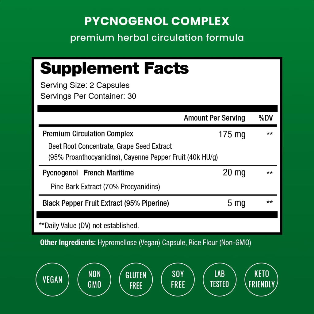 Nutrachamps Pycnogenol French Maritime Pine Bark Extract, Premium Circulation Complex, Blood Flow, Nitric Oxide Production, Superior Absorption, Results with Black Pepper Extract, 60 Capsules