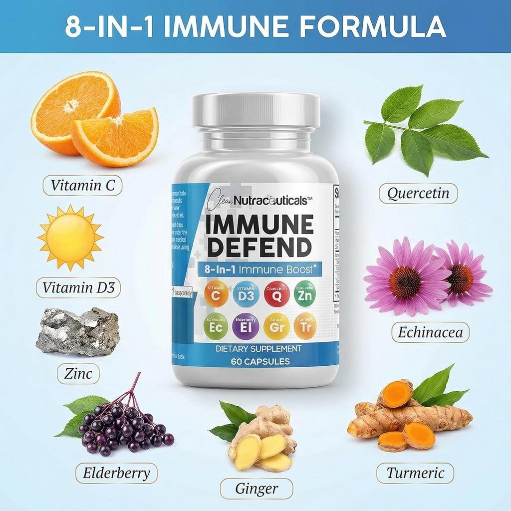 Clean Nutraceuticals Immune Defense Support Supplement 8 in 1 with Zinc 50Mg Quercetin, VIT C 1000Mg, Vitamin D3 5000 IU, Elderberry, Ginger - Immunity System Booster for Adults, Vegan - 60 Count