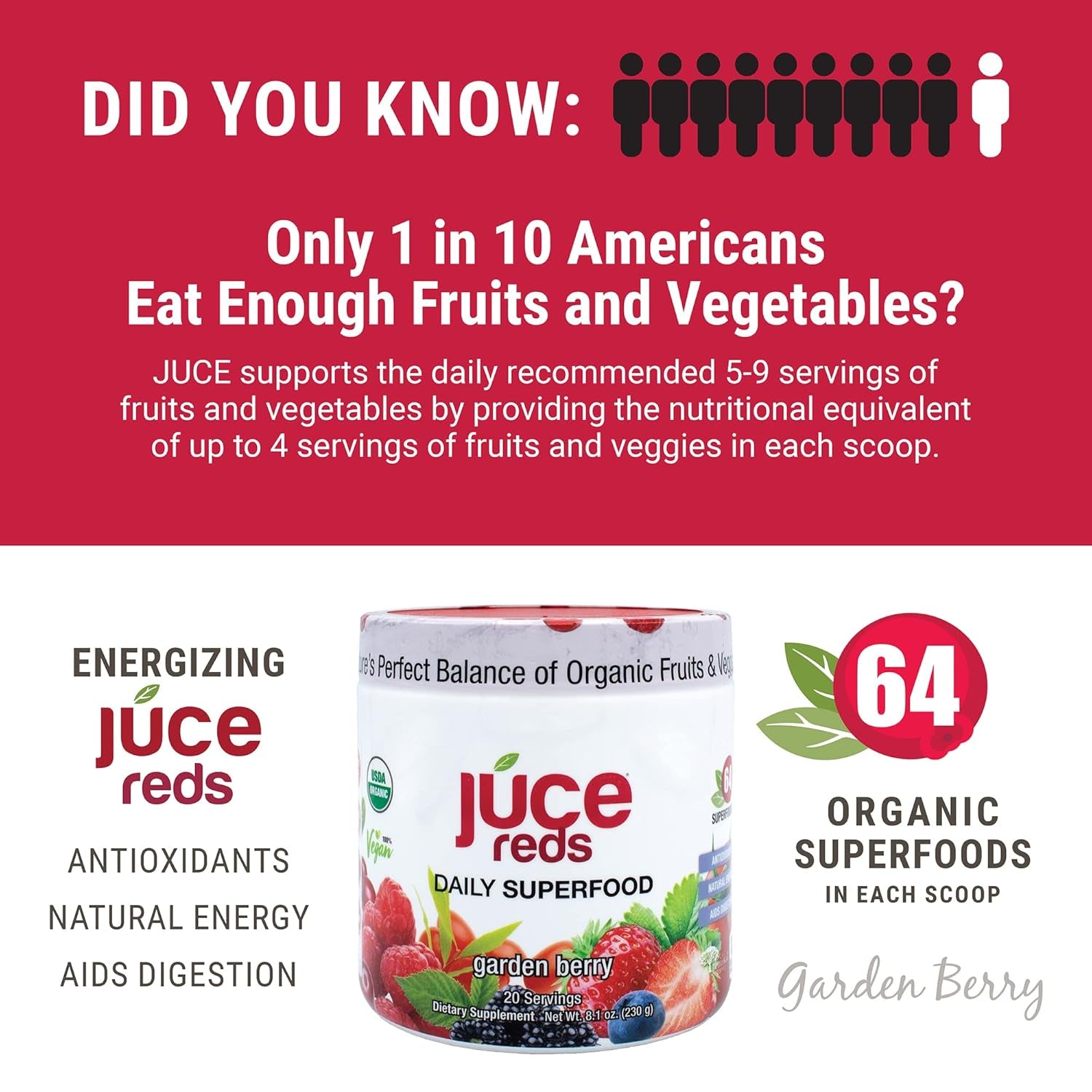 Terra Kai Organics JUCE Reds Organic Superfood Powder - Garden Berry Flavor | Fruit & Veggie Powder for Everyone W/64 Immune Boosting Superfood plus Probiotics for Gut Health | 20 Servings (230G)