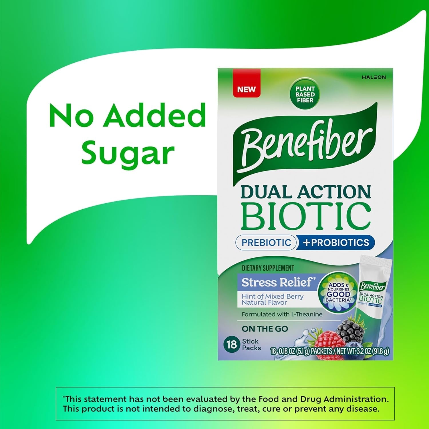 Benefiber Dual Action Biotic plus Stress Relief, 18 Count Stick Packs