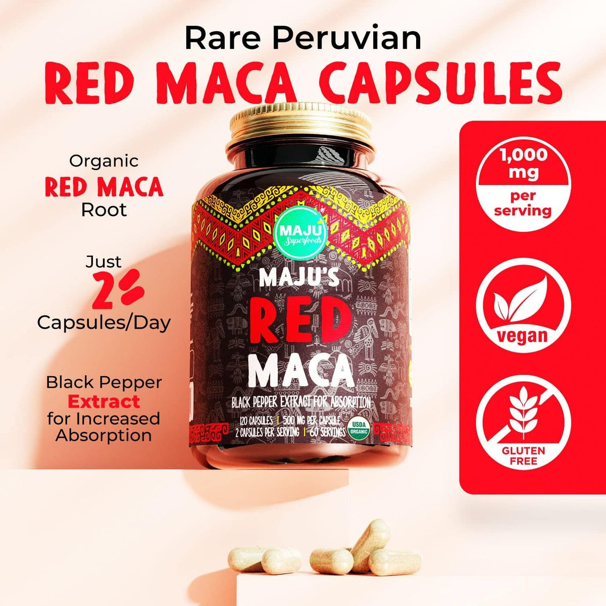 Maju Superfoods Organic Red Maca Root Capsules 120Ct - Women Focused Curve Enhancement Nutrition Booster Pills, Gain for Thighs, Powder in Pill Supplement