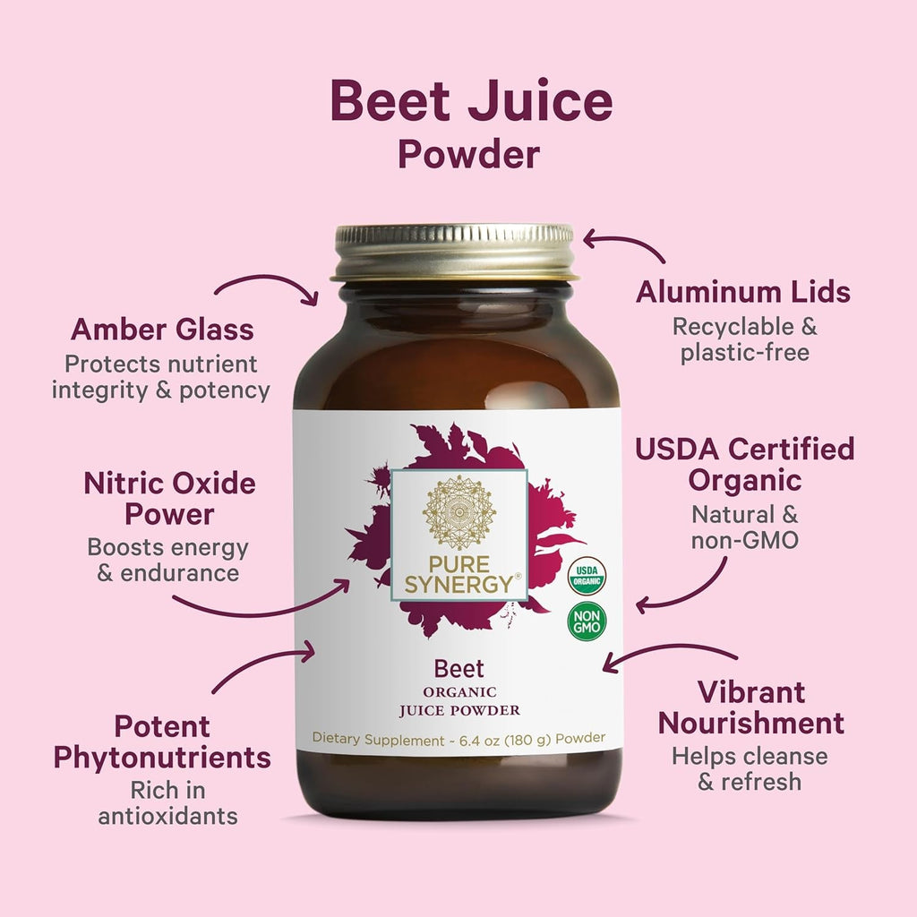 PURE SYNERGY Organic Beet Juice Powder | Pre-Workout Supplement | Organic Beet Root Juice Powder | for Healthy Circulation, Exercise, and Detoxification (6.4 Oz.)