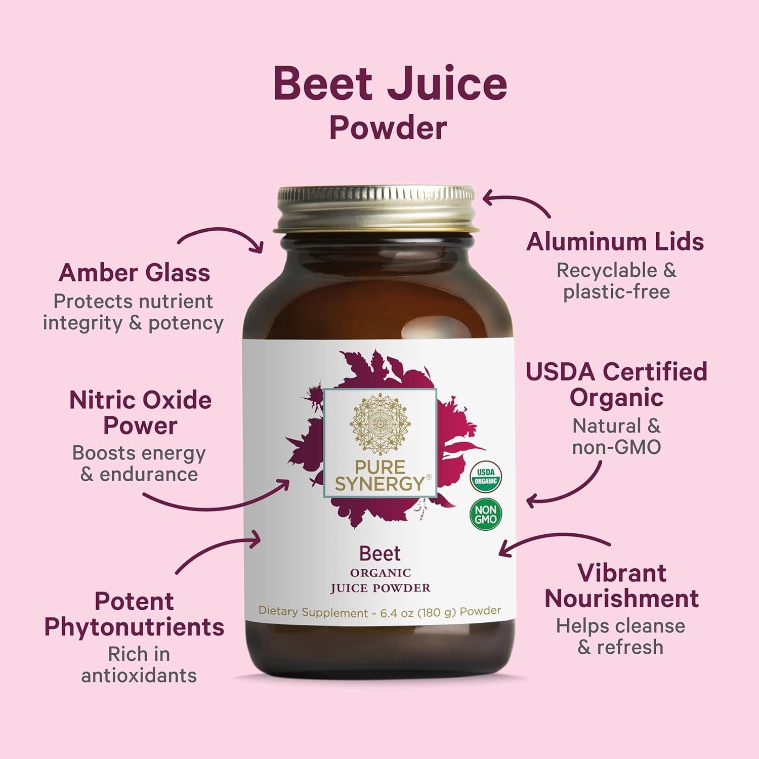 PURE SYNERGY Organic Beet Juice Powder | Pre-Workout Supplement | Organic Beet Root Juice Powder | for Healthy Circulation, Exercise, and Detoxification (6.4 Oz.)