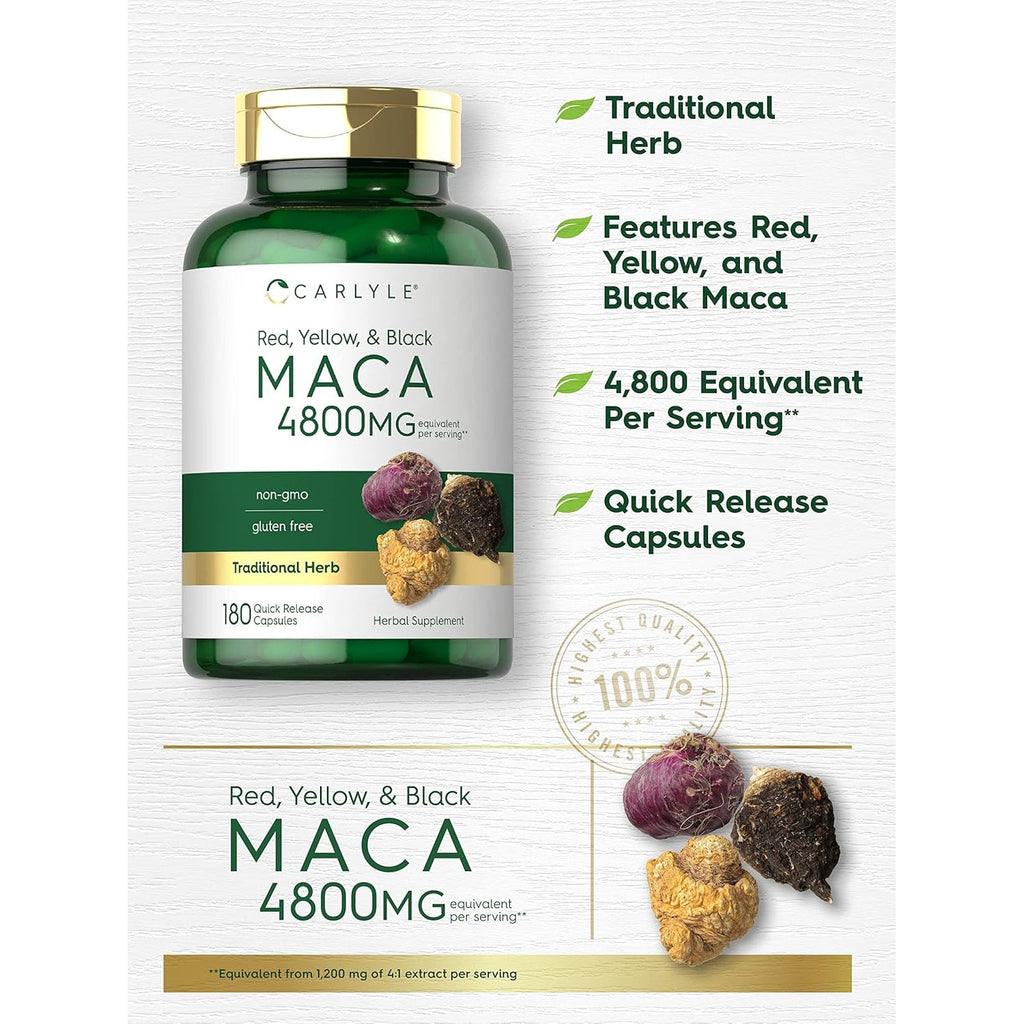 Carlyle Maca Root Capsules for Women & Men | 180 Count | High Potency Extract | Non-Gmo & Gluten Free Supplement