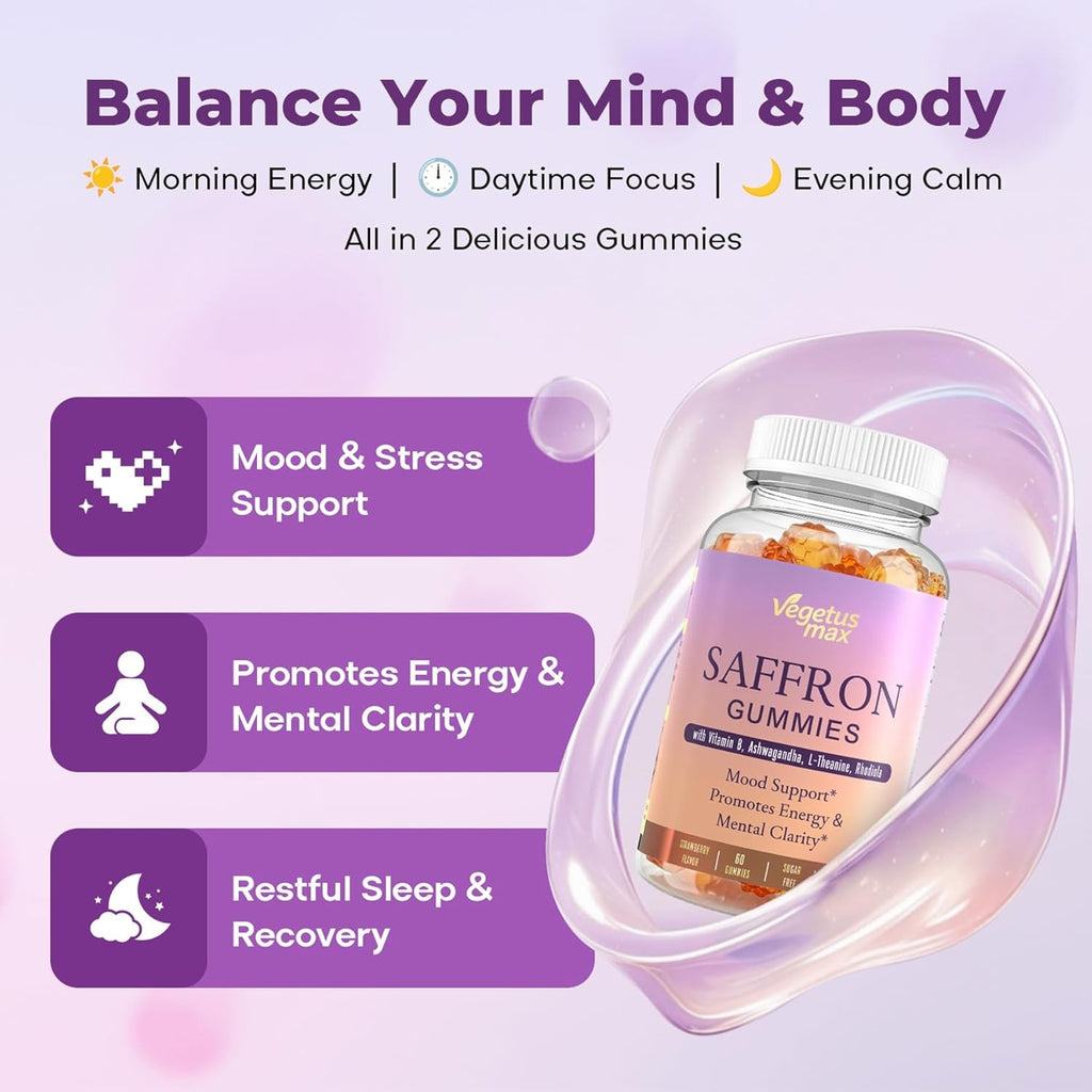 Saffron Supplements Gummies for Adults, 88.5Mg Pure Saffron Extract with Magnesium, Ashwagandha, L-Theanine, Rhodiola, Rosemary, Vitamin B6, B12 for Mood, Focus, Calm, Zzz - 60 Count