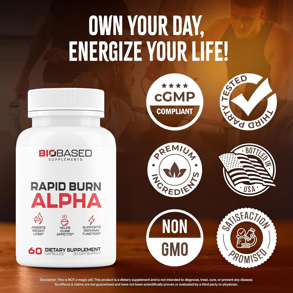 Rapid Burn Alpha - Fat Burner for Men - Supports Healthy Pathways Associated with GLP-1 Activity - Supports Appetite Control, Energy Booster, Helps Increase Metabolism & Fat Loss - 60 Unisex Capsules