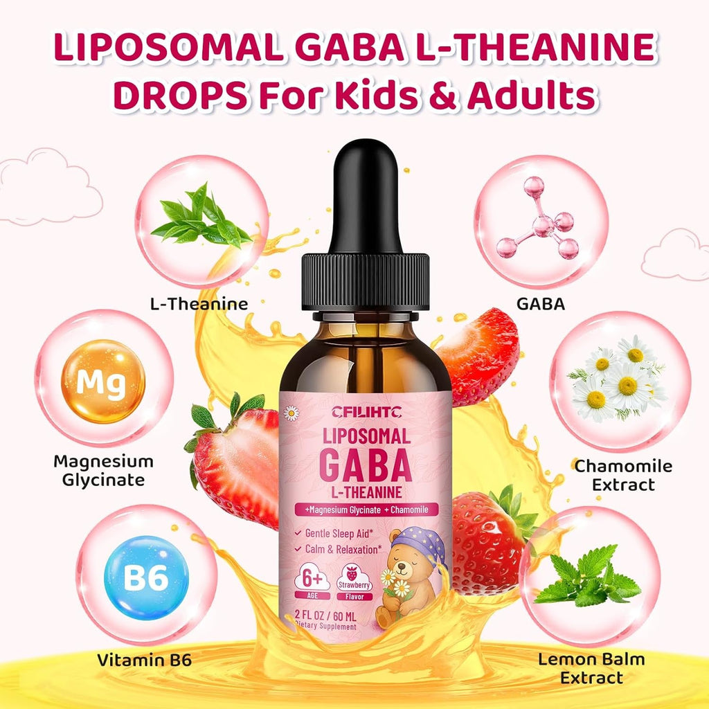 Liposomal GABA L-Theanine Drops for Kids - Liquid GABA Supplement with Magnesium, Chamomile, Lemon Balm & Vitamin B6 - Support Relaxation, Focus & Stress Relief for Kids & Adults - Strawberry Flavor