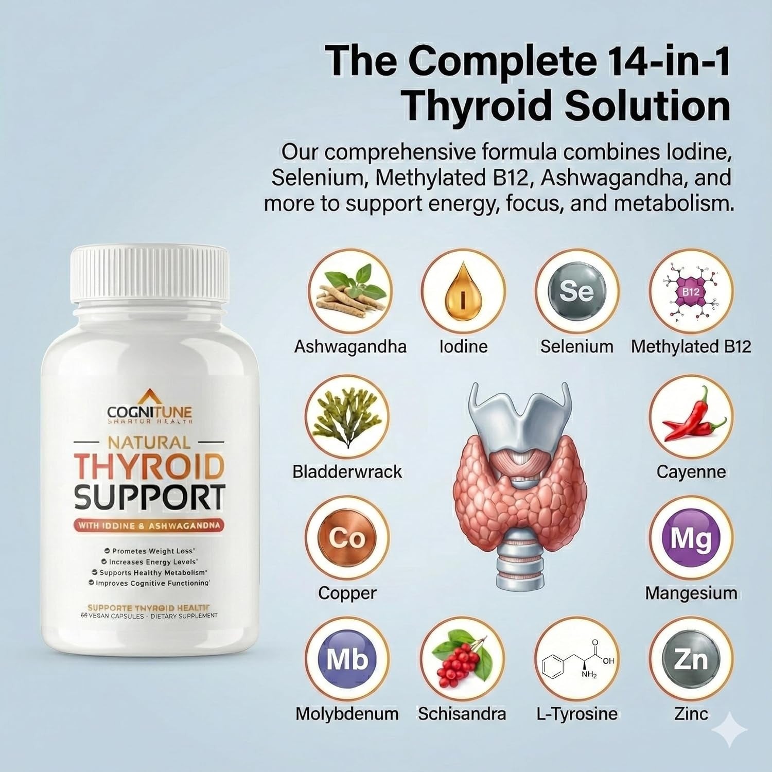 Cognitune Thyroid Support Supplement for Women and Men - Complete 14 Ingredient Formula with Iodine Selenium and B12 - Supports Natural Energy Metabolism and Mental Focus