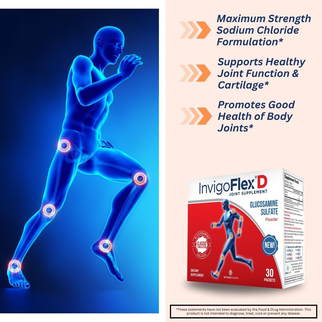 INVIGOFLEX® D - 1500Mg of Glucosamine Sulfate Powder (Classic Formulation) - Premium Joint Supplement for Knees, Hands, Back, and Hip Support Packets | 30 Packets