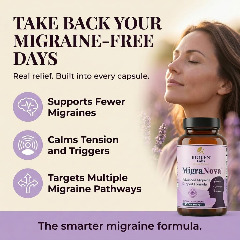 Migranova - Migraine Relief & Daily Prevention for Migraine Sufferers — Magnesium & Riboflavin B2 + Neurocalm Blend with Feverfew, Coq10, L-Theanine & Ginger, Vegan, Non-Gmo, USA Made, 60 Capsules