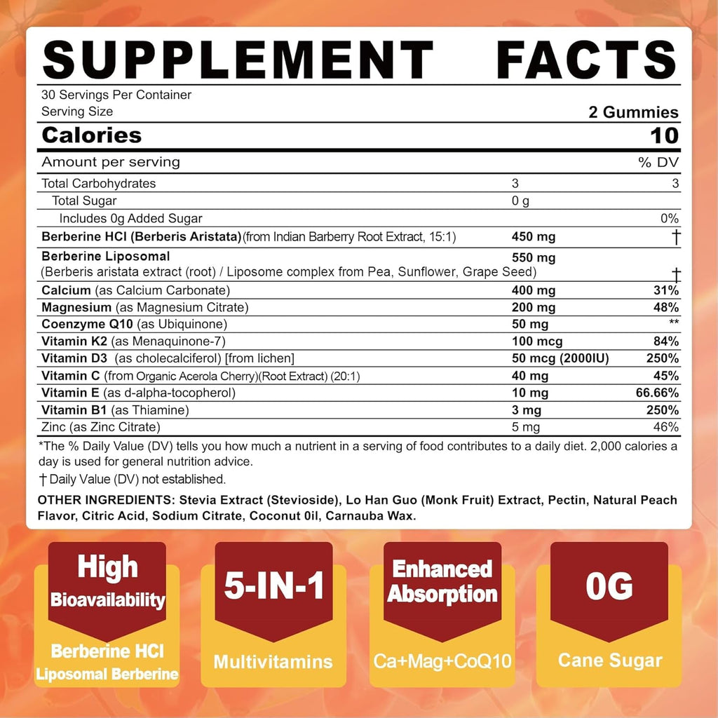 LILICARE Berberine Gummies Sugar Free, Extra Absorption with Liposomal Berberine & Berberine HCI, Calcium, Magnesium, AMPK Activitor for Sugar & Level, Energy, Metabolism,Vegan, Pack of 1
