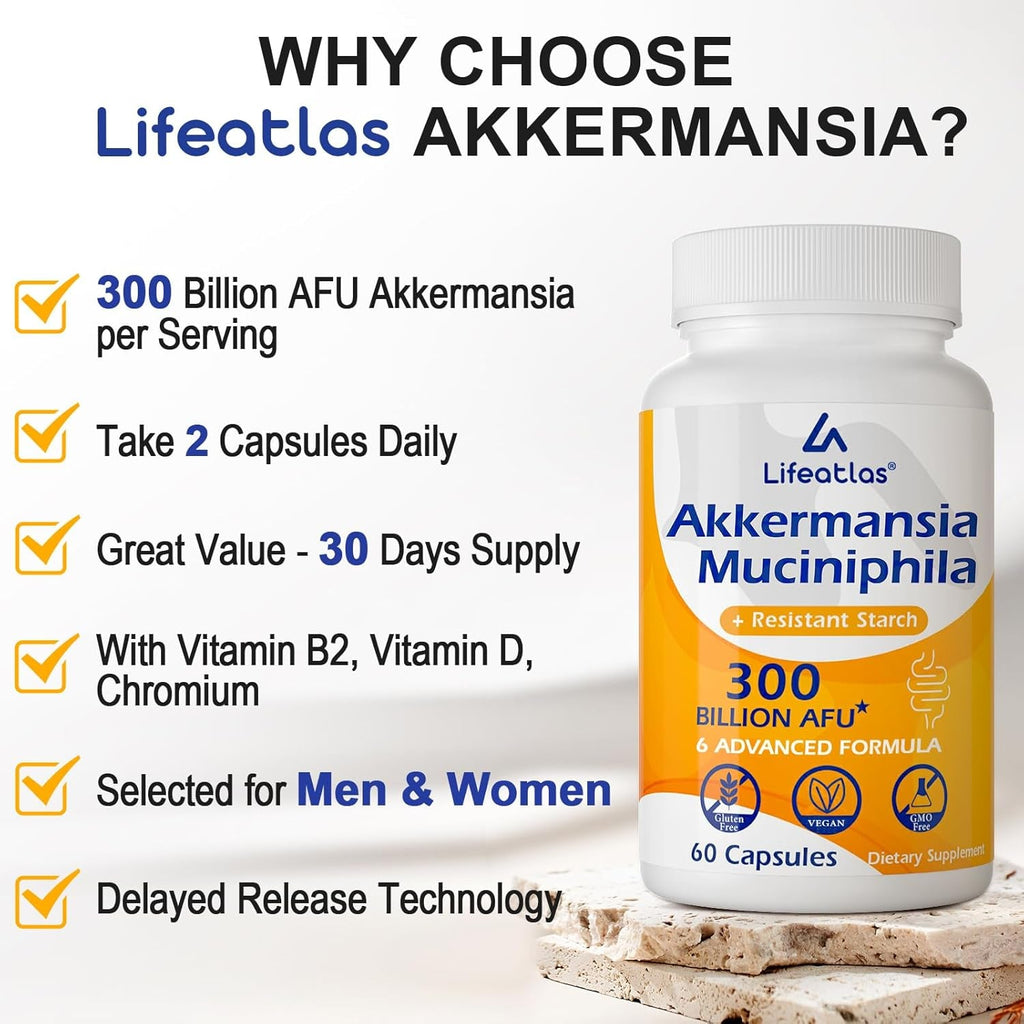 Lifeatlas Akkermansia Supplement Probiotic | Akkermansia with 300 Billion AFU Akkermansia Probiotic, 6-In-1 Akkermansia Probiotics for Women and Men, Daily Akkermansia Supplement, 60 Caps