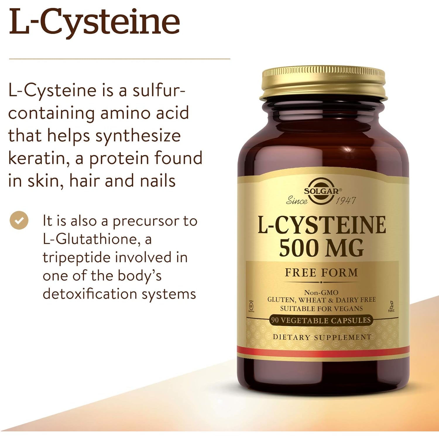 Solgar L-Cysteine 500 Mg, 90 Vegetable Capsules - Free Form Amino Acid - Keratin Support for Skin, Hair & Nails - Glutathione Support - Vegan, Gluten Free, Dairy Free, Kosher - 90 Servings