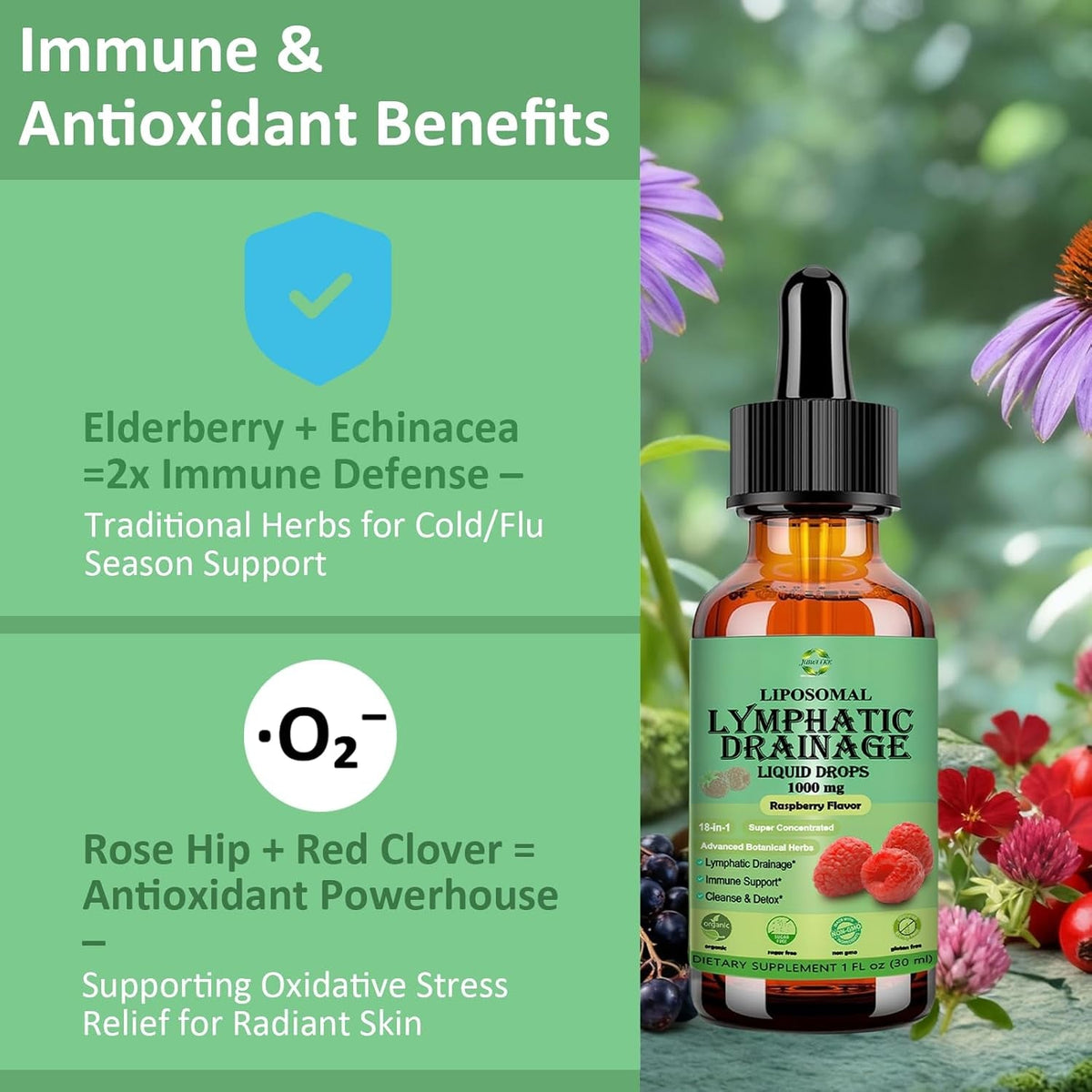 Lymphatic Drainage Drops, 18-In-1 Herbal Lymph System Support W. Echinacea Elderberry Dandelion Burdock Root Cleavers for Lymphatic Cleanse Detox Immune Support, Liposoaml for Max Absorption