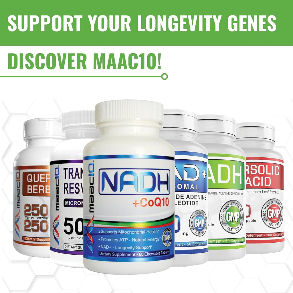 MAAC10 NADH Supplement 20Mg Each 60 Capsules for Energy, Fatigue, Mental Focus & NAD+ Longevity Support | Pharmaceutical Grade 99% Pure NADH