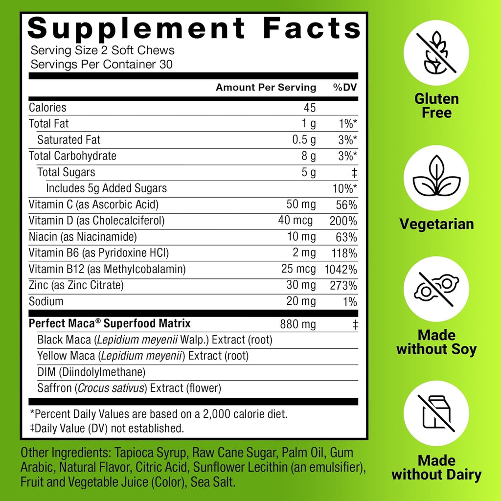 Force Factor Perfect Maca, Maca Root and DIM Supplement with Saffron to Boost Energy and Mood, with Yellow and Black Maca, Vitamins, Minerals, and Antioxidants, Dark Cherry Flavor, 60 Soft Chews