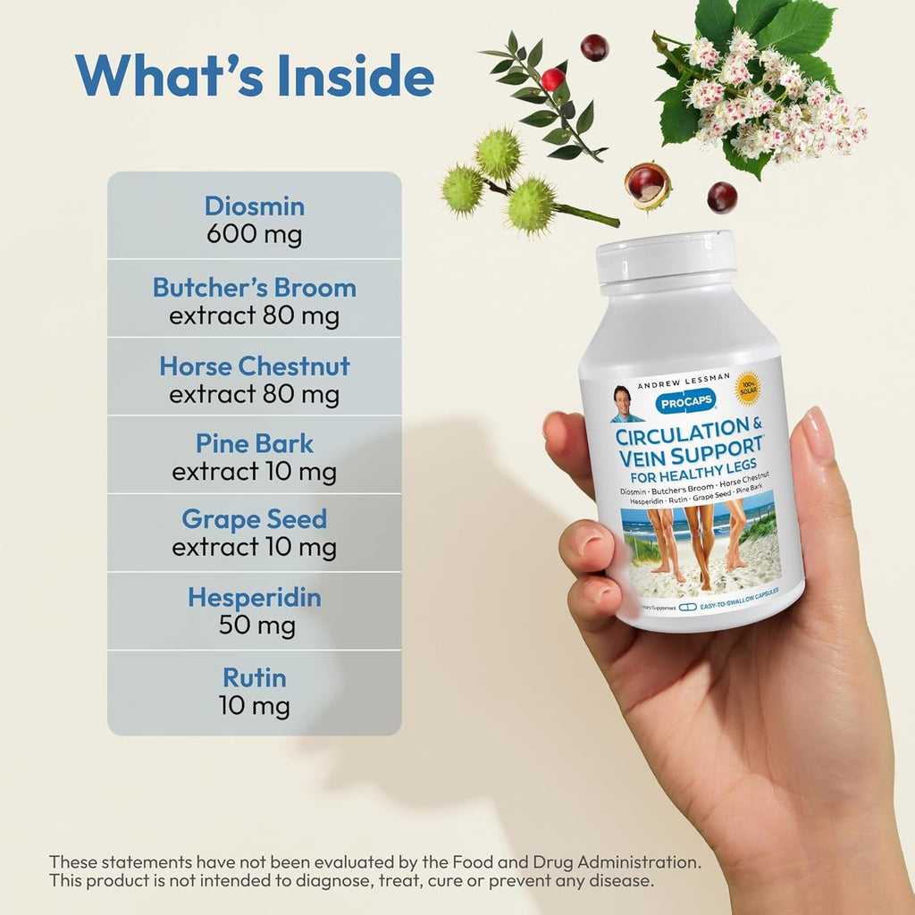 ANDREW LESSMAN Circulation, Vein Support for Healthy Legs 60 Capsules - High Bioactivity Diosmin, Butcher'S Broom, Visibly Reduces Swelling and Discomfort in Feet, Ankles, Calves, Legs