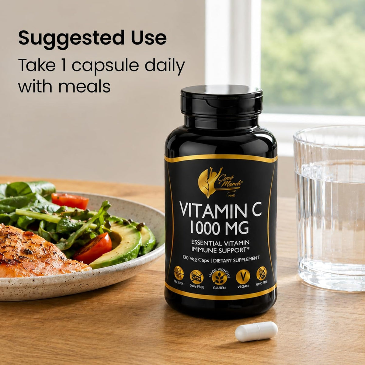 Cocó March N.M.D Vitamin C 1000Mg – Gluten Free & Vegan Immune Support Supplement – Vitamin C for Women & Men - Soy Free, Dairy Free & Non-Gmo – Easy-To-Swallow, 120 Veg Capsules