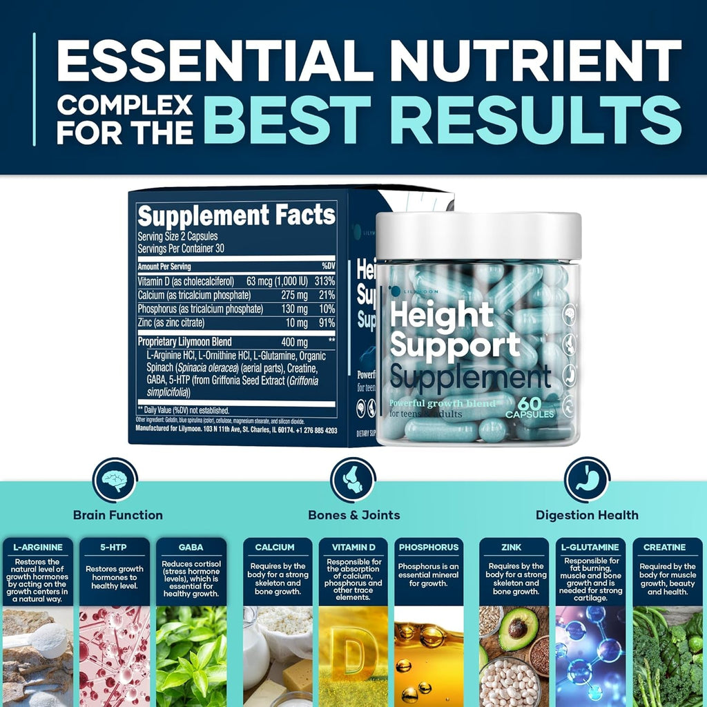Height & Bone Support Supplement - Premium Height Growth Supplement for Kids & Teens with Calcium - Nutritional Support Bone Health Formula - Height Increase Essential Vitamins - 60 Caps