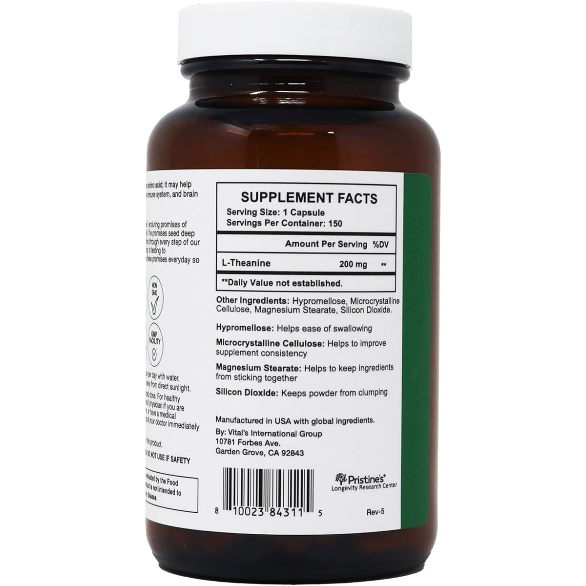 PRISTINE'S L Theanine 200Mg Supplement Capsules - 3Rd Party Tested Non GMO -150 Day Supply - Relaxation & Sleep Quality Support Capsules - Vegan, Cgmp Facility & Gluten Free Glass Bottles