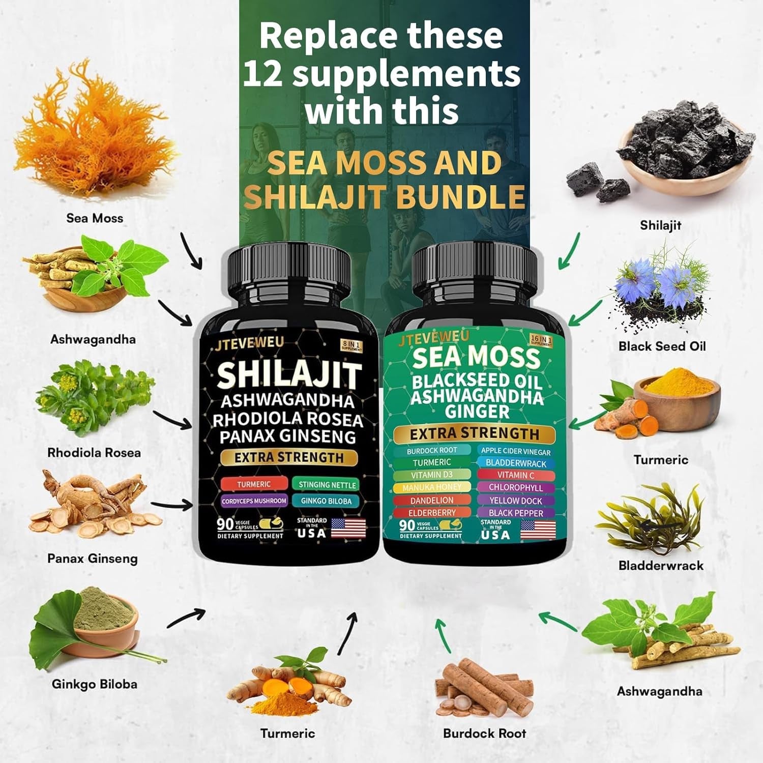 Shilajit and Sea Moss Bundle- 90 Count - Sea Moss, Ashwagandha, Shilajit, Rhodiola Rosea & Ginger, All in 1 Supplements