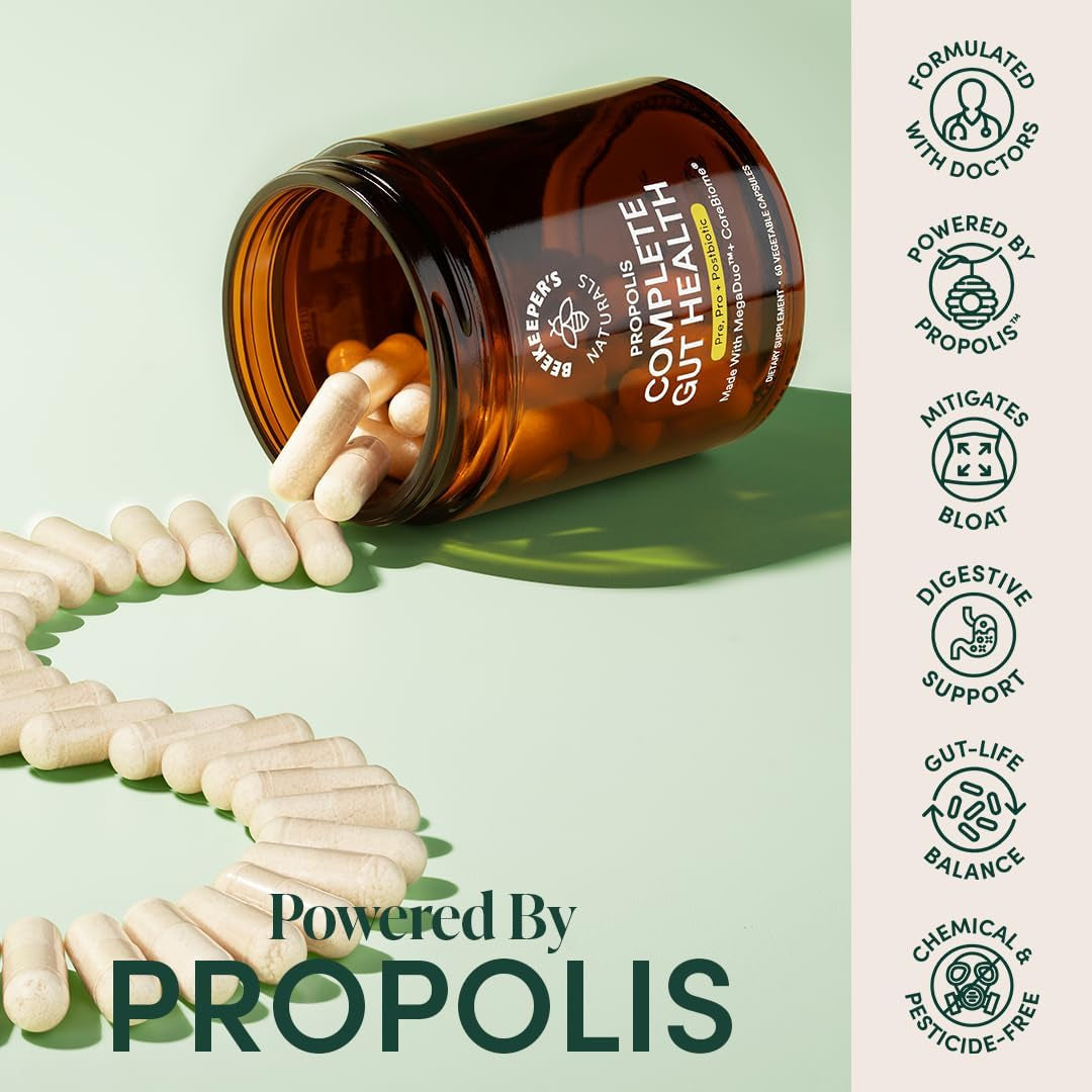 Complete Gut Health by Beekeeper'S Naturals, 3-In-1 Prebiotic, Postbiotic, Probiotics for Digestive Health & Bloating Relief for Women & Men, Propolis Powered, Gluten-Free Vegan Capsules, 60Ct