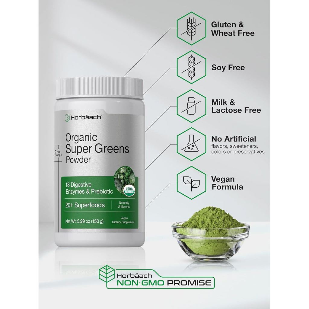 Horbäach Organic Greens Powder | 5.29 Oz Supplement | with 20+ Superfoods, 18 Digestive Enzymes, and Prebiotics | Relieves Occasional Gas, Discomfort & Bloating | Vegan, and Non-Gmo