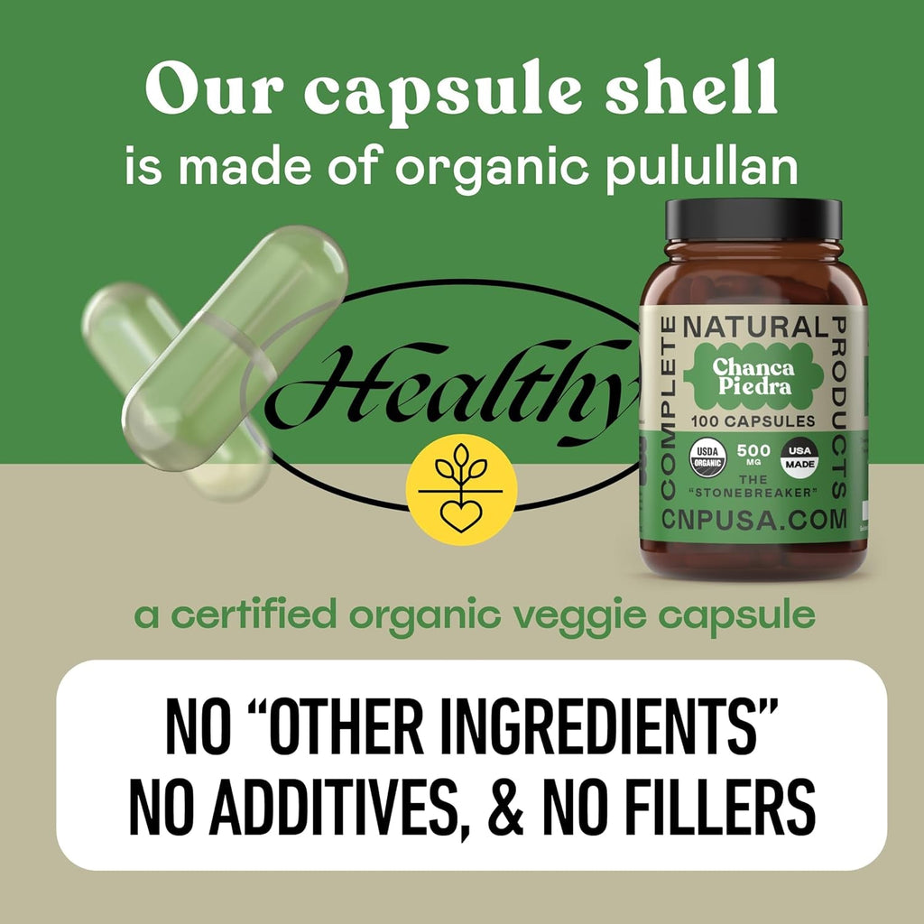 Chanca Piedra Organic Capsules 500Mg - Phyllanthus Niruri Stonebreaker Extract, Kidney Gallbladder Liver Support, 100 Chanca Piedra Capsules, Non GMO, Alcohol Free, Vegan Herbal Supplement Made in USA