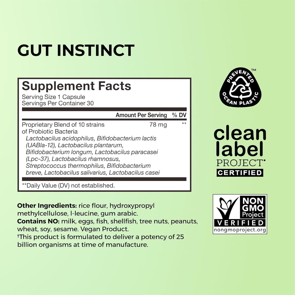 HUM Gut Instinct Daily Probiotics for Women and Men, Digestive Health, Lactobacillus, Bifidobacterium Strains for Immune Support, Probiotic Supplement for Healthy Gut Diversity, 30 Capsules