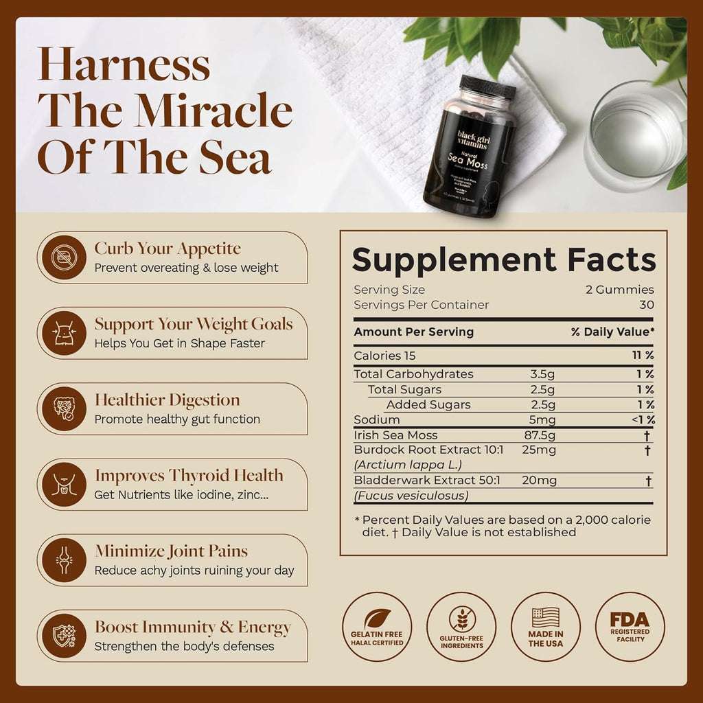 Black Girl Vitamins - Irish Sea Moss Gummies - Seamoss + Bladderwrack & Burdock - 92 Minerals for Thyroid, Metabolism, and Immunity - Vegan, Gluten-Free, Halal (Mixed Berry, 30 Day Supply)