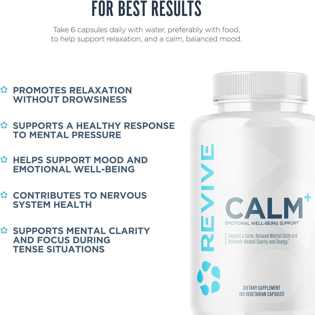 Revive MD Calm, Emotional Well-Being Support Supplement - Stress Management for Men & Women - Mood Enhancement Supplement Promotes Relaxation with L-Theanine, GABA & 5-HTP (180 Capsules, 30 Servings)
