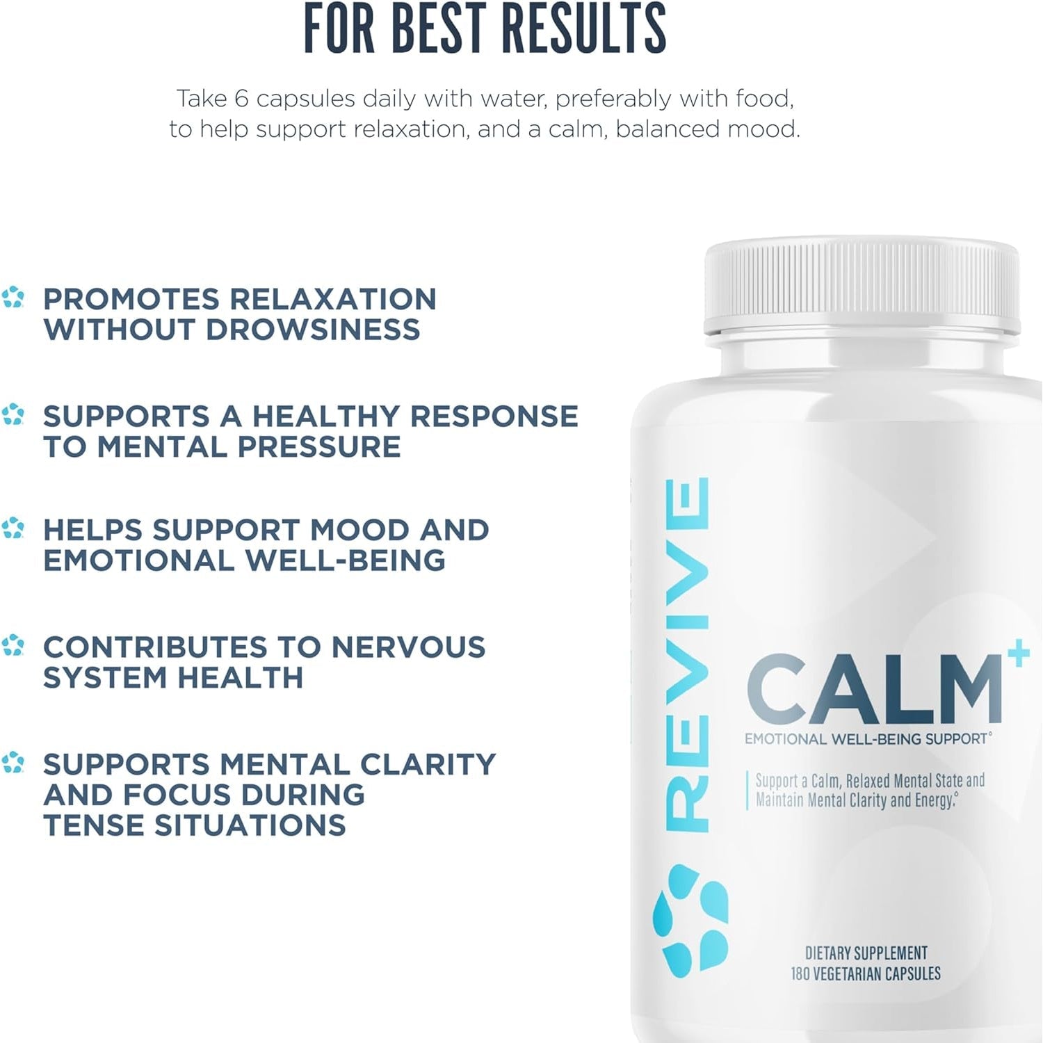 Revive MD Calm, Emotional Well-Being Support Supplement - Stress Management for Men & Women - Mood Enhancement Supplement Promotes Relaxation with L-Theanine, GABA & 5-HTP (180 Capsules, 30 Servings)