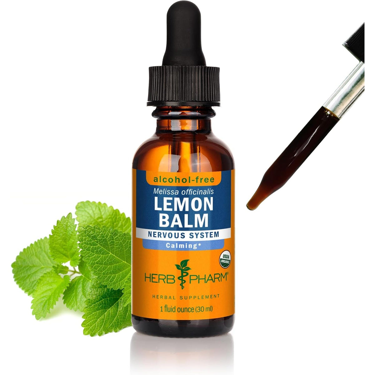 Herb Pharm Lemon Balm, Alcohol-Free: Certified Organic, Nervousness & Over-Excitement Support, Fast-Absorbing & Sugar-Free Calming Extract, Made with Lemon Balm Herb, Liquid Glycerite, 1 Oz