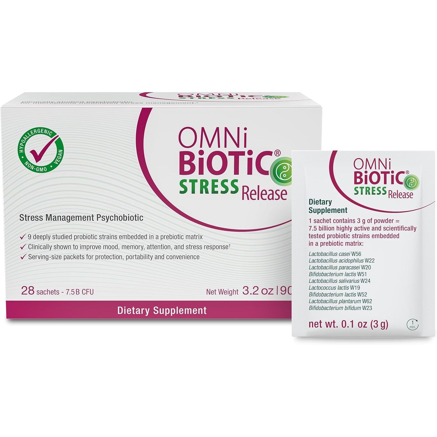 Omni Biotic Stress Release - Clinically Tested Probiotic for Stress Management & Gut-Brain Axis Support - Stress Probiotic and Mood Probiotic - Vegan, Non-Gmo (28 Daily Packets)