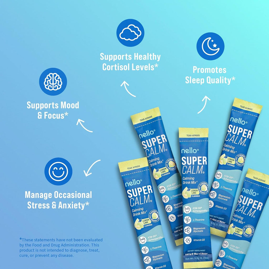 Nello Supercalm Powdered Drink Mix, Cortisol Reducer* and Sleep Aid Supplement, L Theanine, Ksm-66 Ashwagandha, Magnesium Glycinate, Vitamin D 3, No Sugar, Non GMO, on the Go, 20 Ct, Lemon Lime